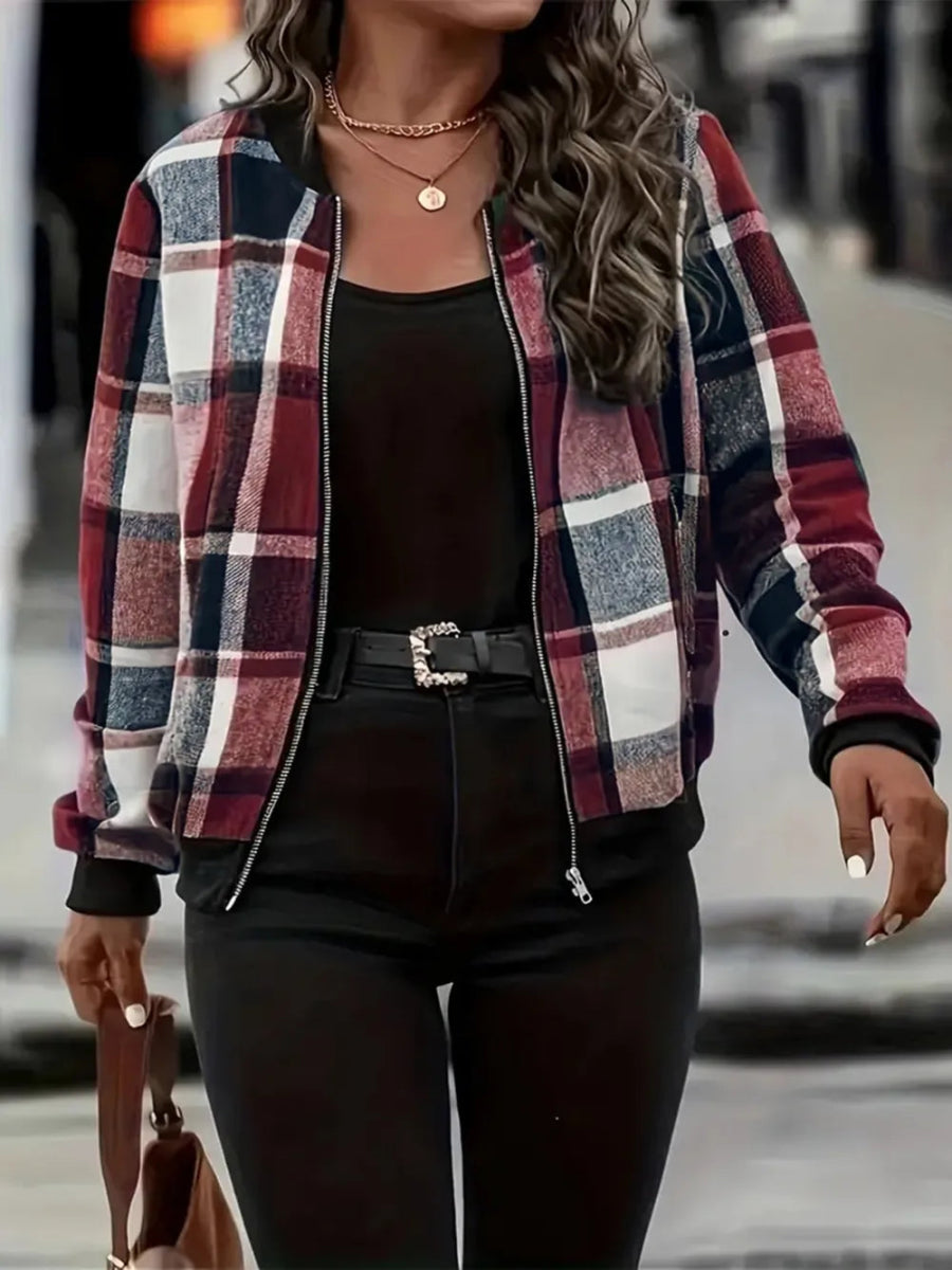 Plaid Baseball Collar Zip Up Jacket - Deb Shops