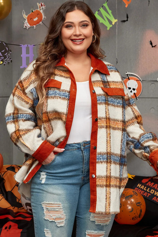 Plaid Button Down Pocketed Jacket - Deb Shops
