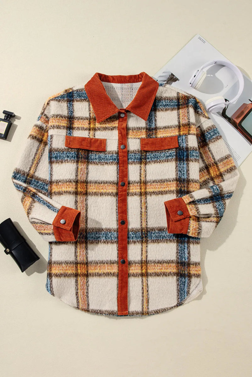 Plaid Button Down Pocketed Jacket - Deb Shops