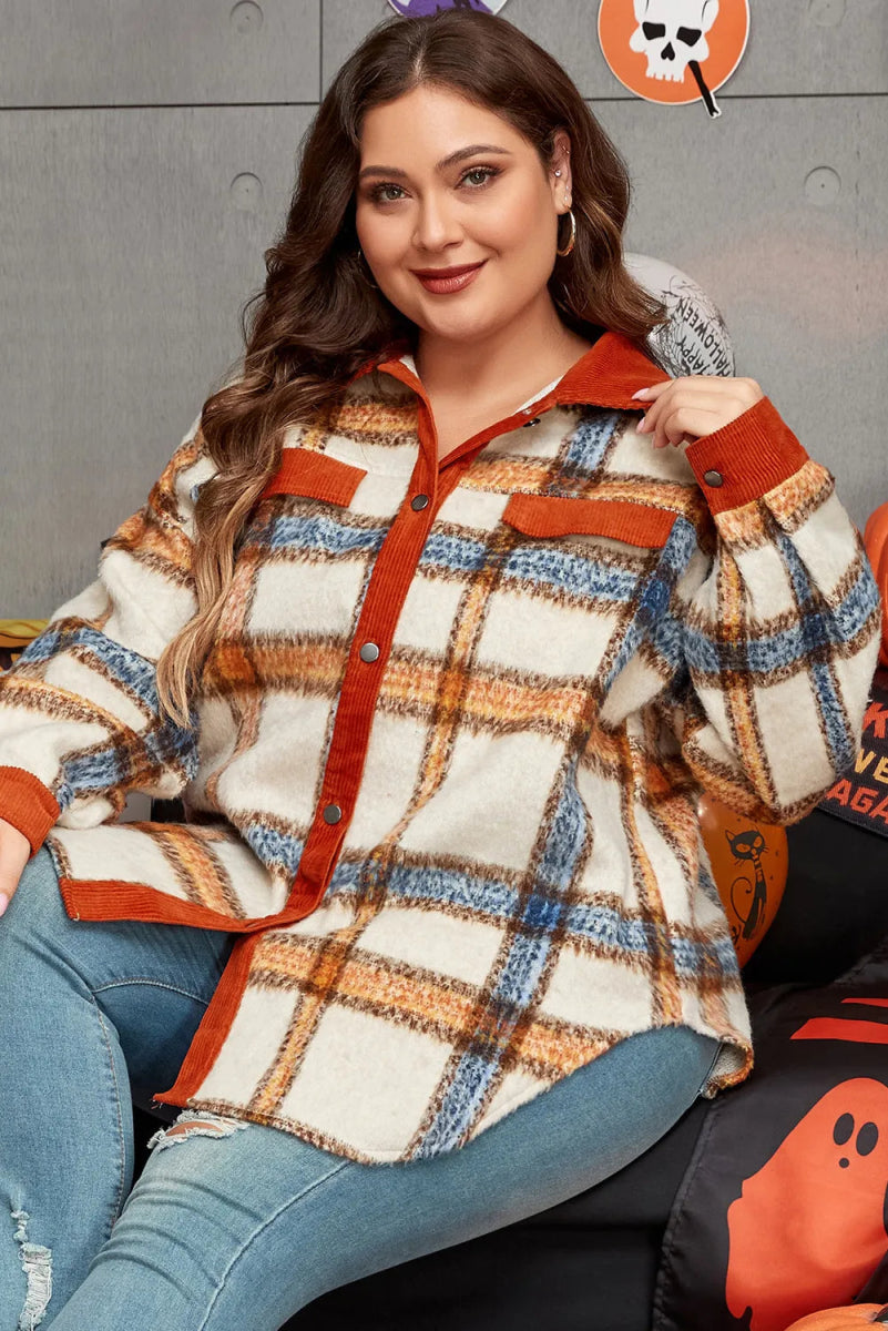 Plaid Button Down Pocketed Jacket - Deb Shops