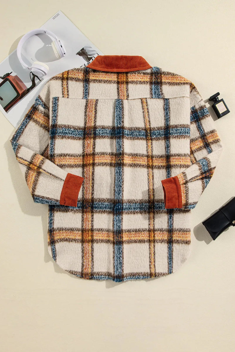 Plaid Button Down Pocketed Jacket - Deb Shops