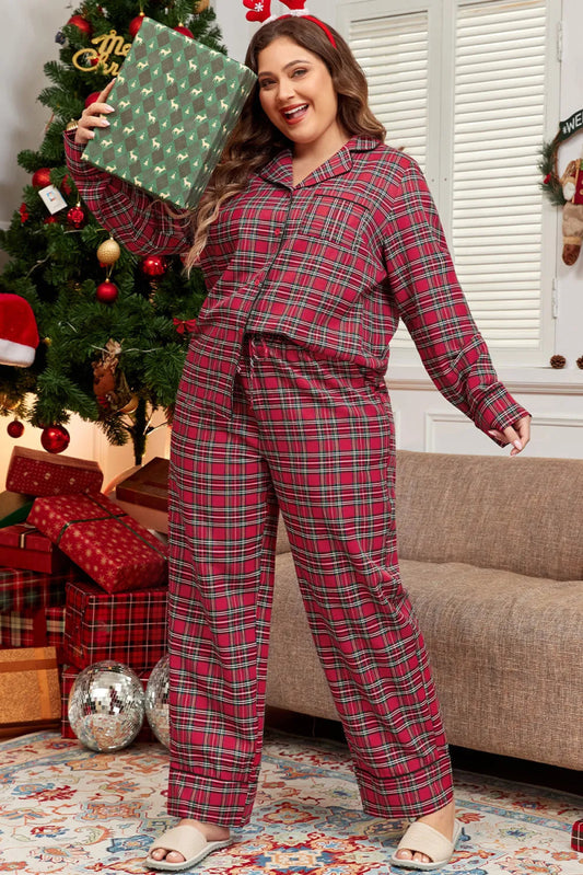 Plaid Collared Neck Top and Pants Lounge Set - Deb Shops