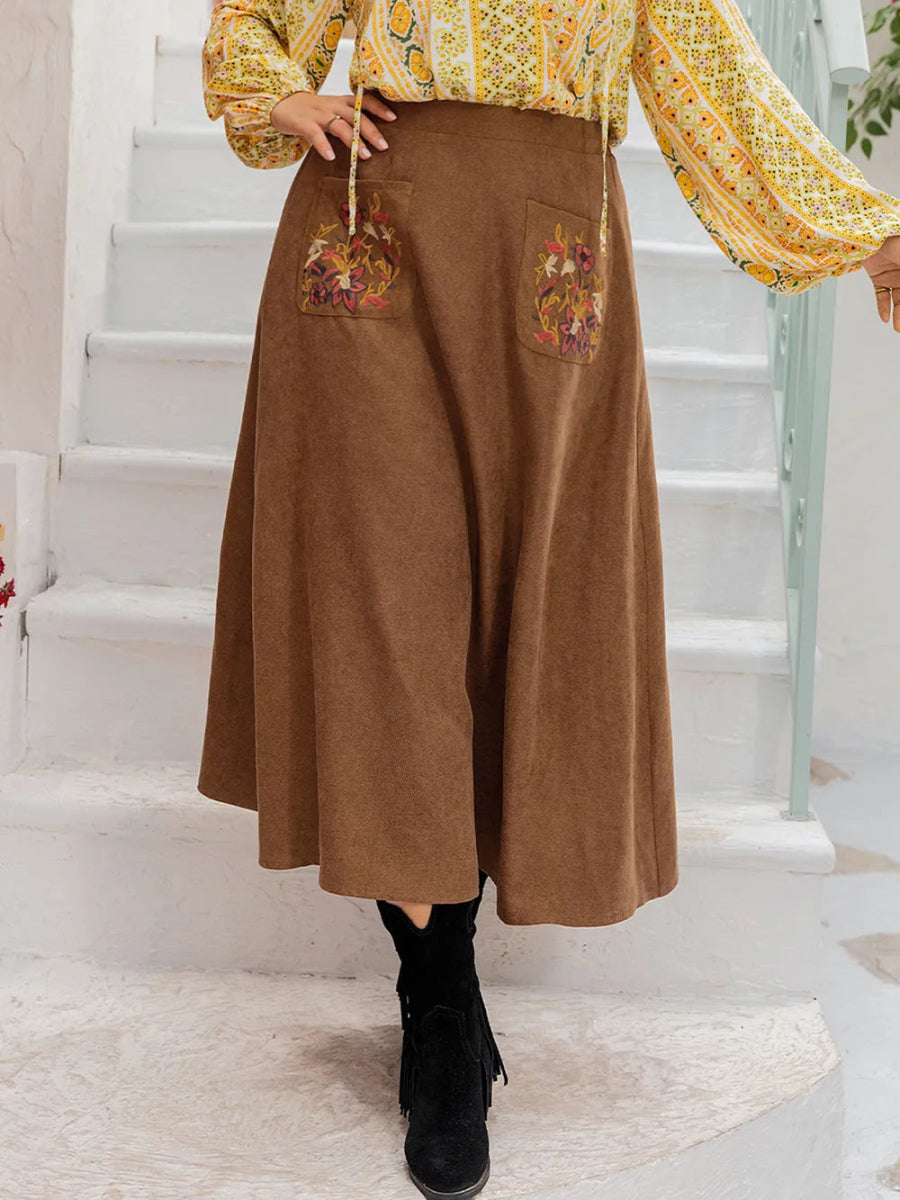 Plus Size Embroidered Pocketed High Waist Skirt - Deb Shops
