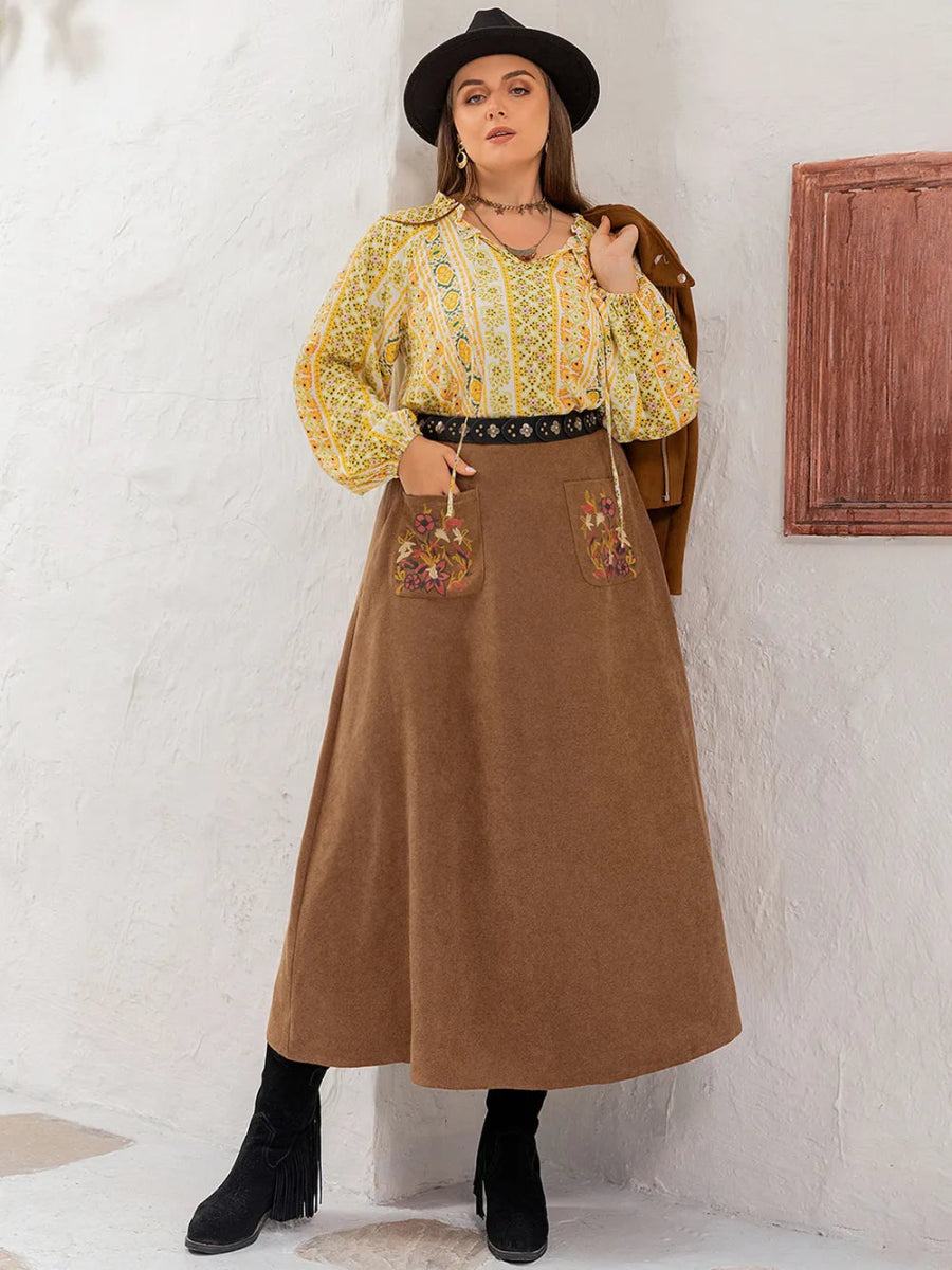 Plus Size Embroidered Pocketed High Waist Skirt - Deb Shops