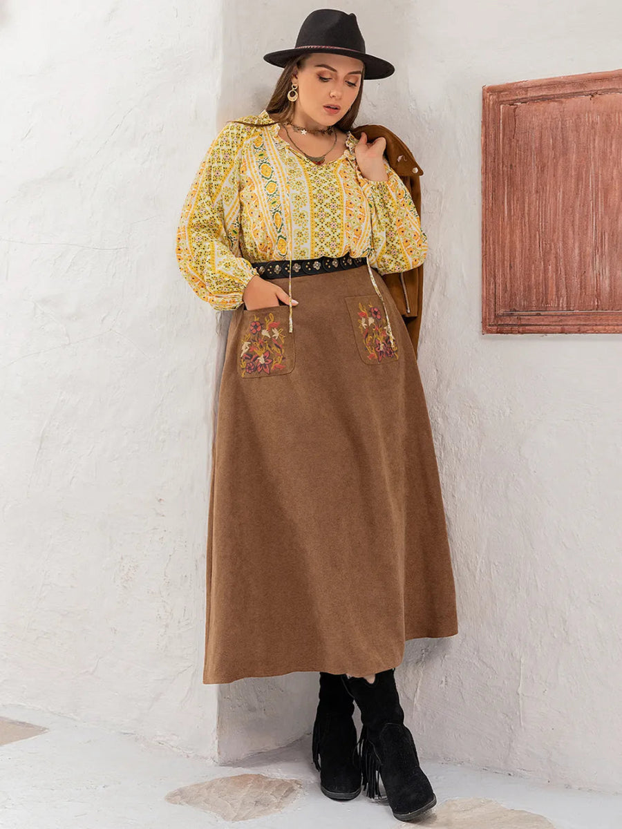 Plus Size Embroidered Pocketed High Waist Skirt - Deb Shops