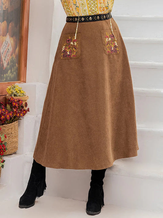Plus Size Embroidered Pocketed High Waist Skirt - Deb Shops