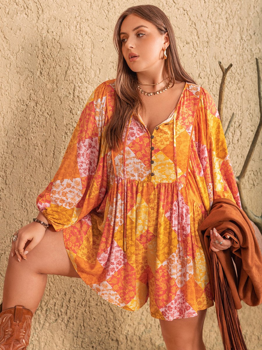 Plus Size Floral Tie Neck Balloon Sleeve Romper - Deb Shops