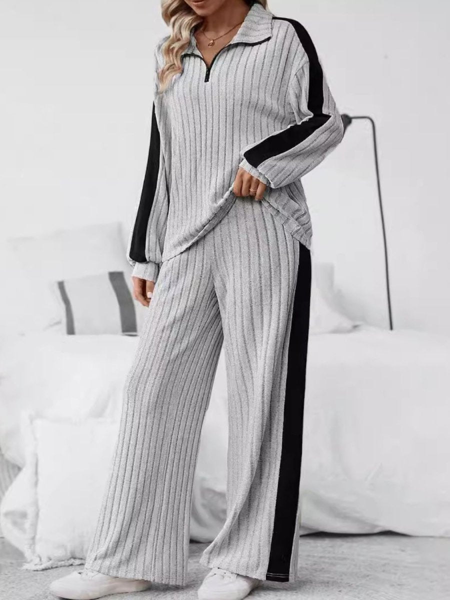 Plus Size Half Zip Long Sleeve Top and Pants Set - Deb Shops