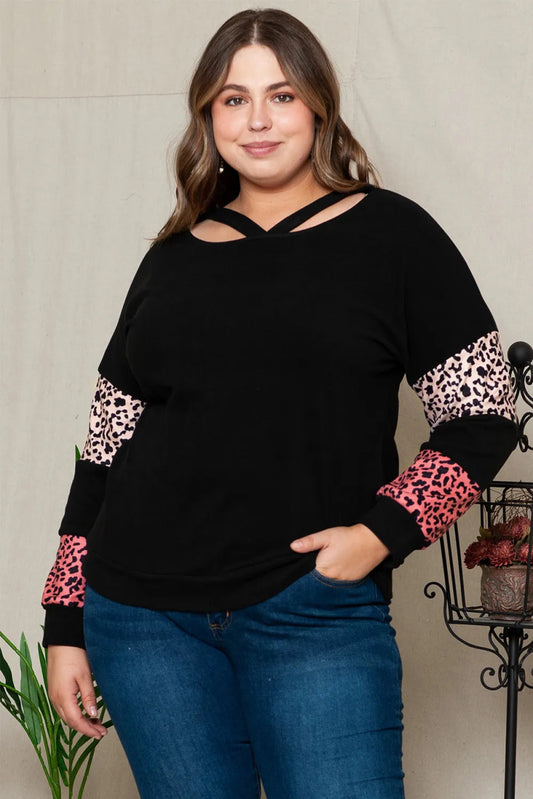 Plus Size Leopard Dropped Shoulder Long Sleeve T-Shirt - Deb Shops