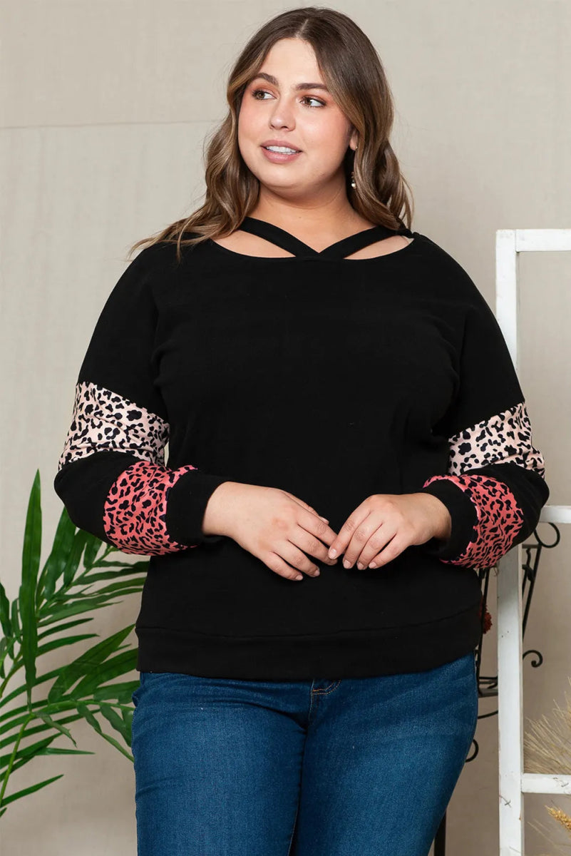 Plus Size Leopard Dropped Shoulder Long Sleeve T-Shirt - Deb Shops
