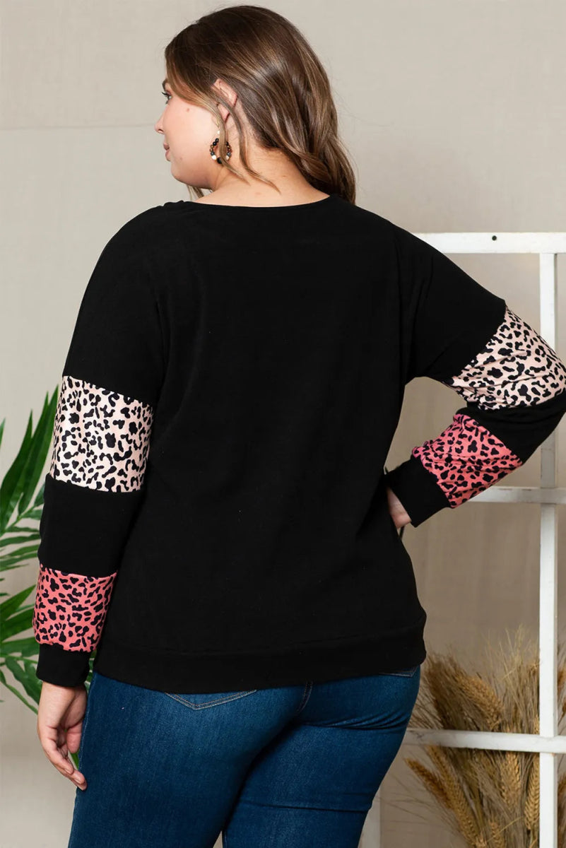 Plus Size Leopard Dropped Shoulder Long Sleeve T-Shirt - Deb Shops