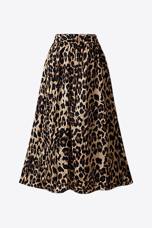 Plus Size Leopard Elastic Waist Midi Skirt - Deb Shops