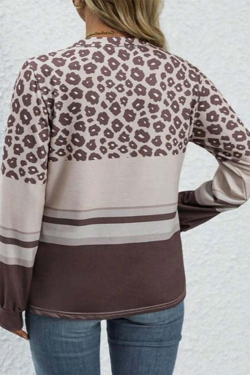 Plus Size Leopard Round Neck Long Sleeve Top - Deb Shops