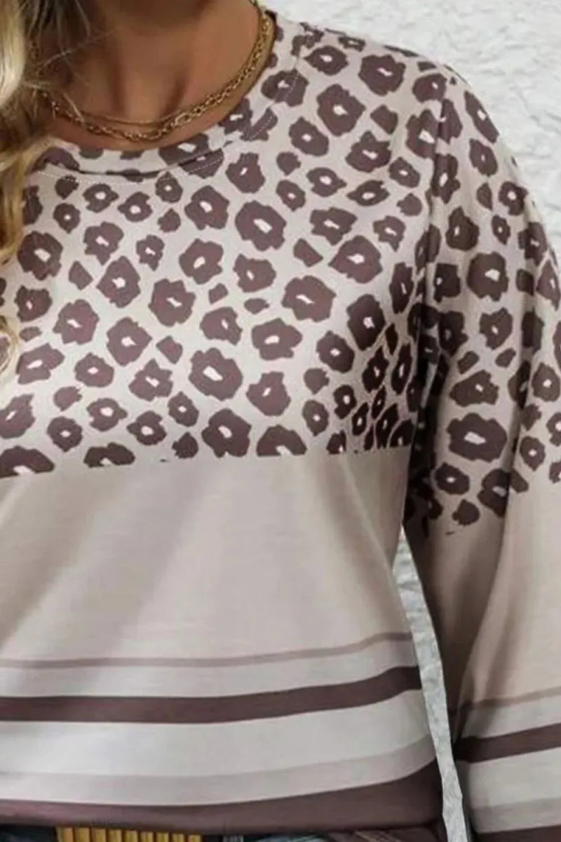 Plus Size Leopard Round Neck Long Sleeve Top - Deb Shops