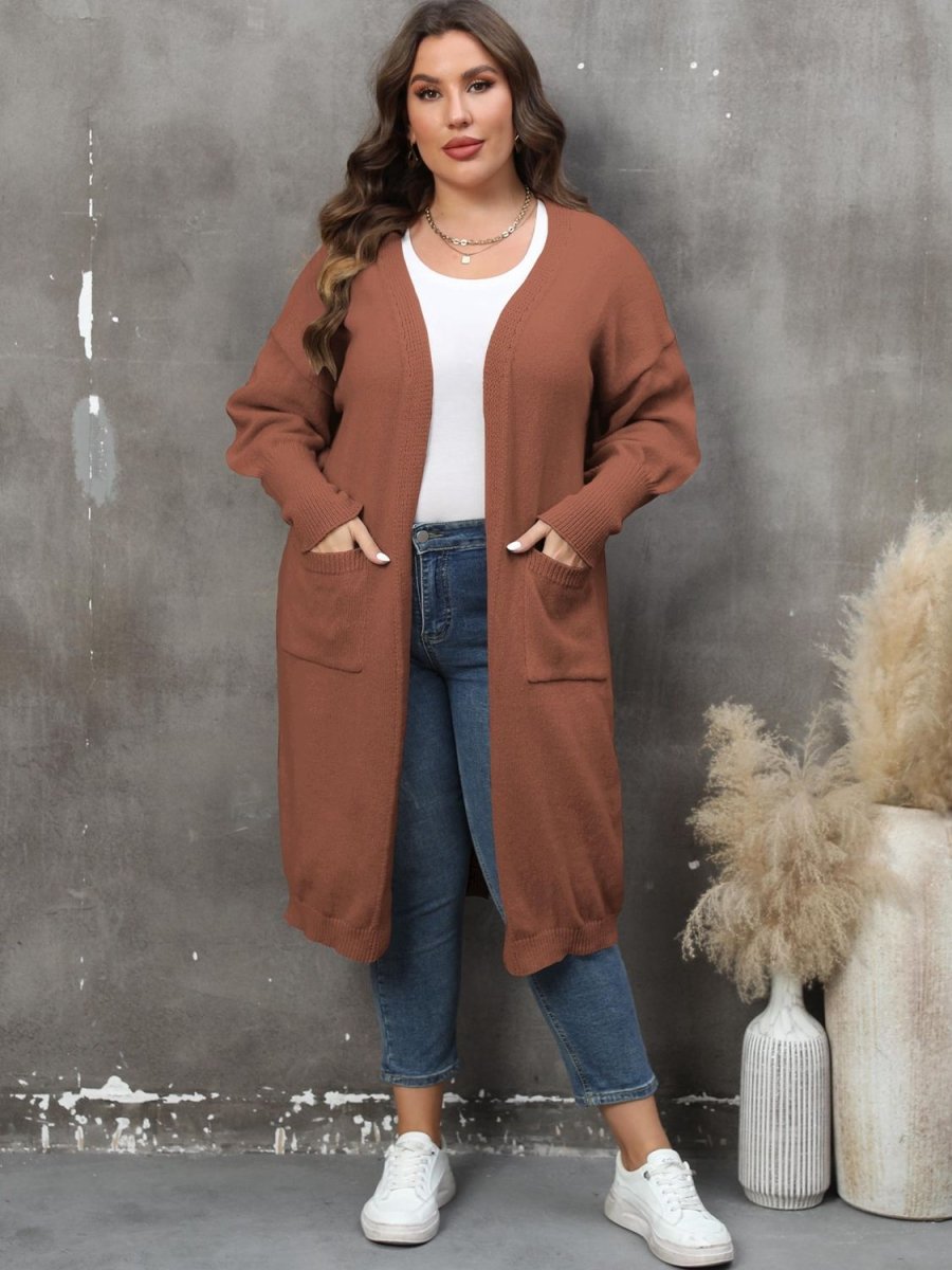 Plus Size Long Sleeve Pocketed Cardigan - Deb Shops