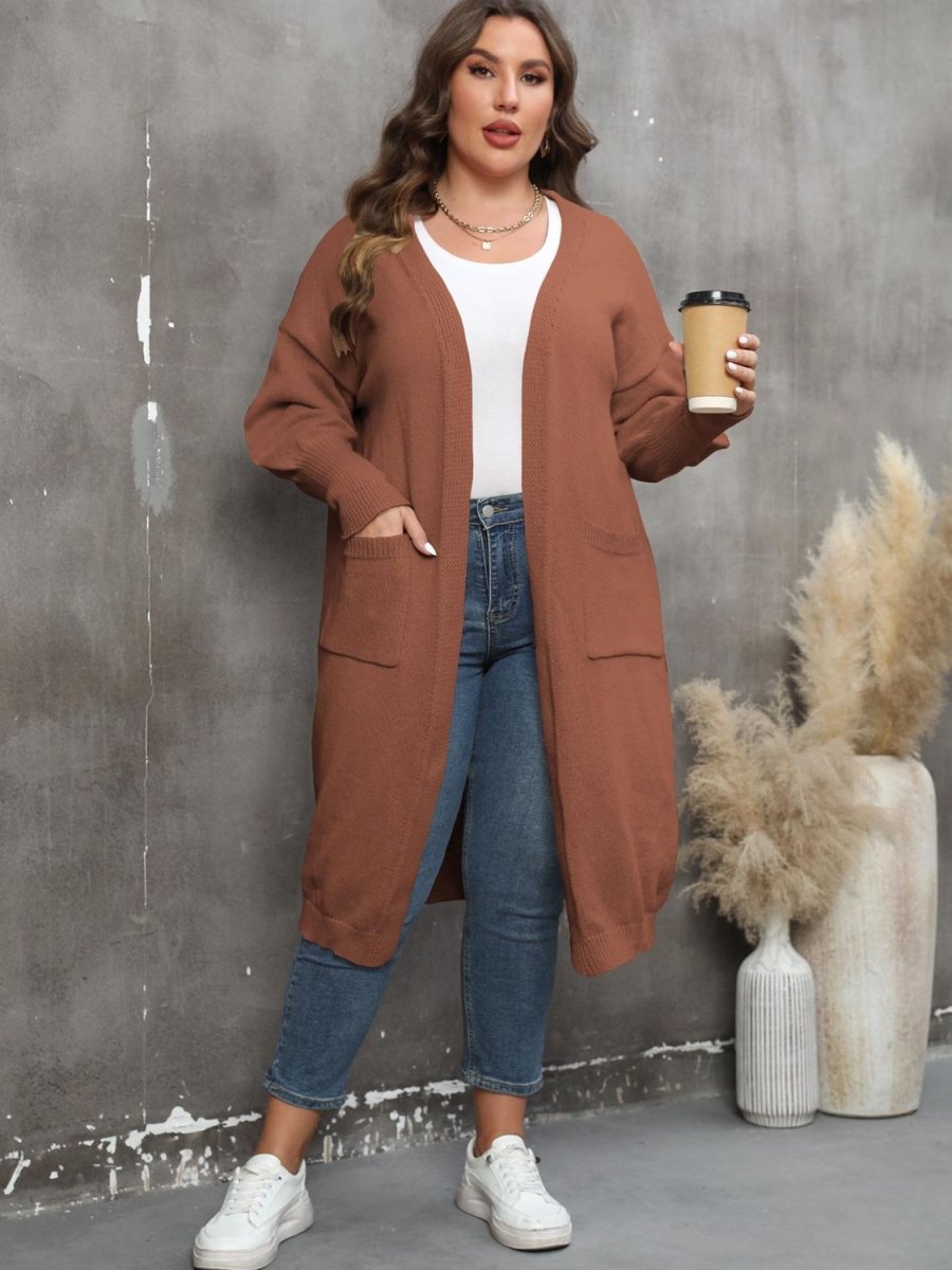 Plus Size Long Sleeve Pocketed Cardigan - Deb Shops