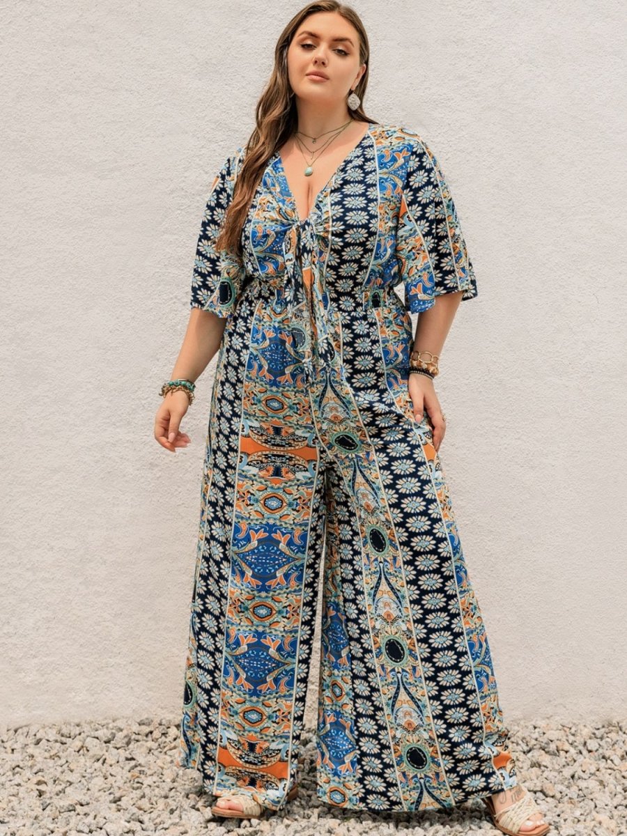 Plus Size Printed Half Sleeve Wide Leg Jumpsuit - Deb Shops