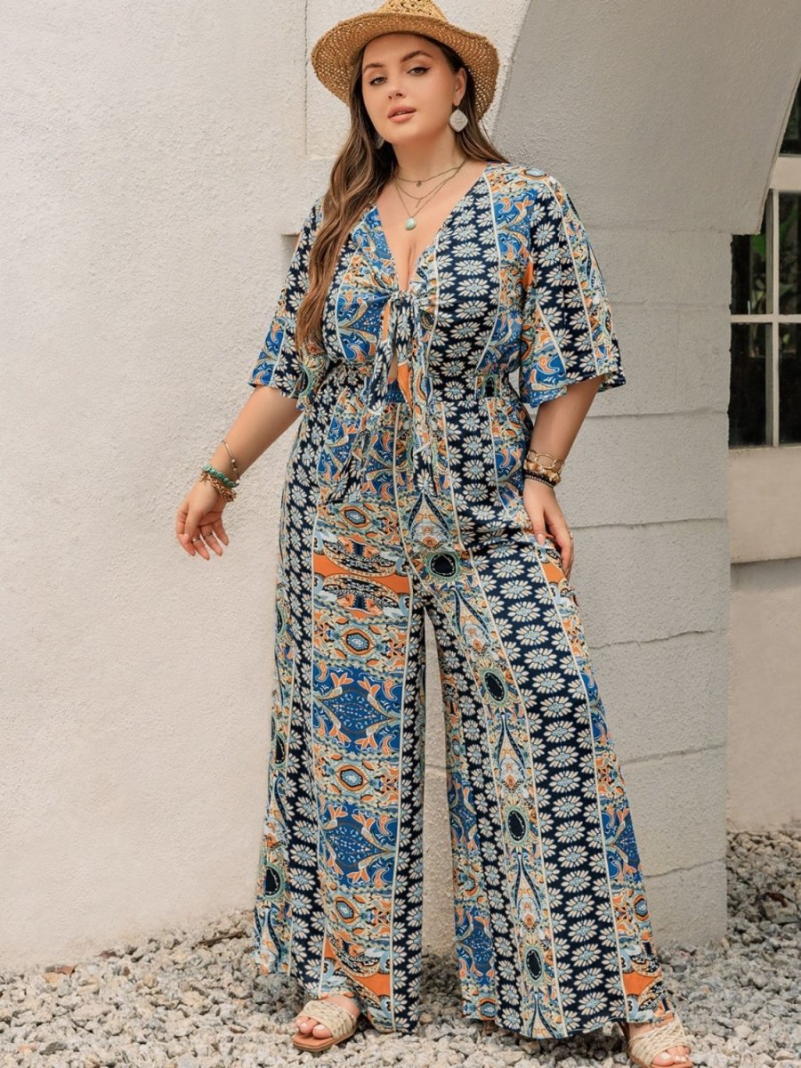 Plus Size Printed Half Sleeve Wide Leg Jumpsuit - Deb Shops