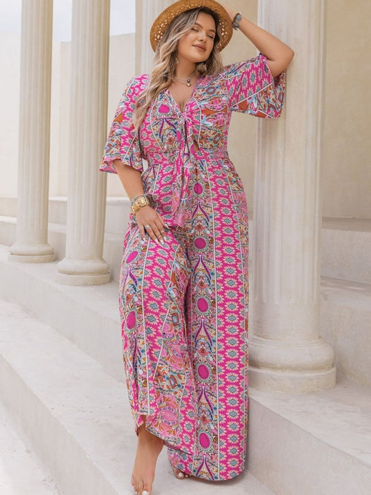 Plus Size Printed Half Sleeve Wide Leg Jumpsuit - Deb Shops