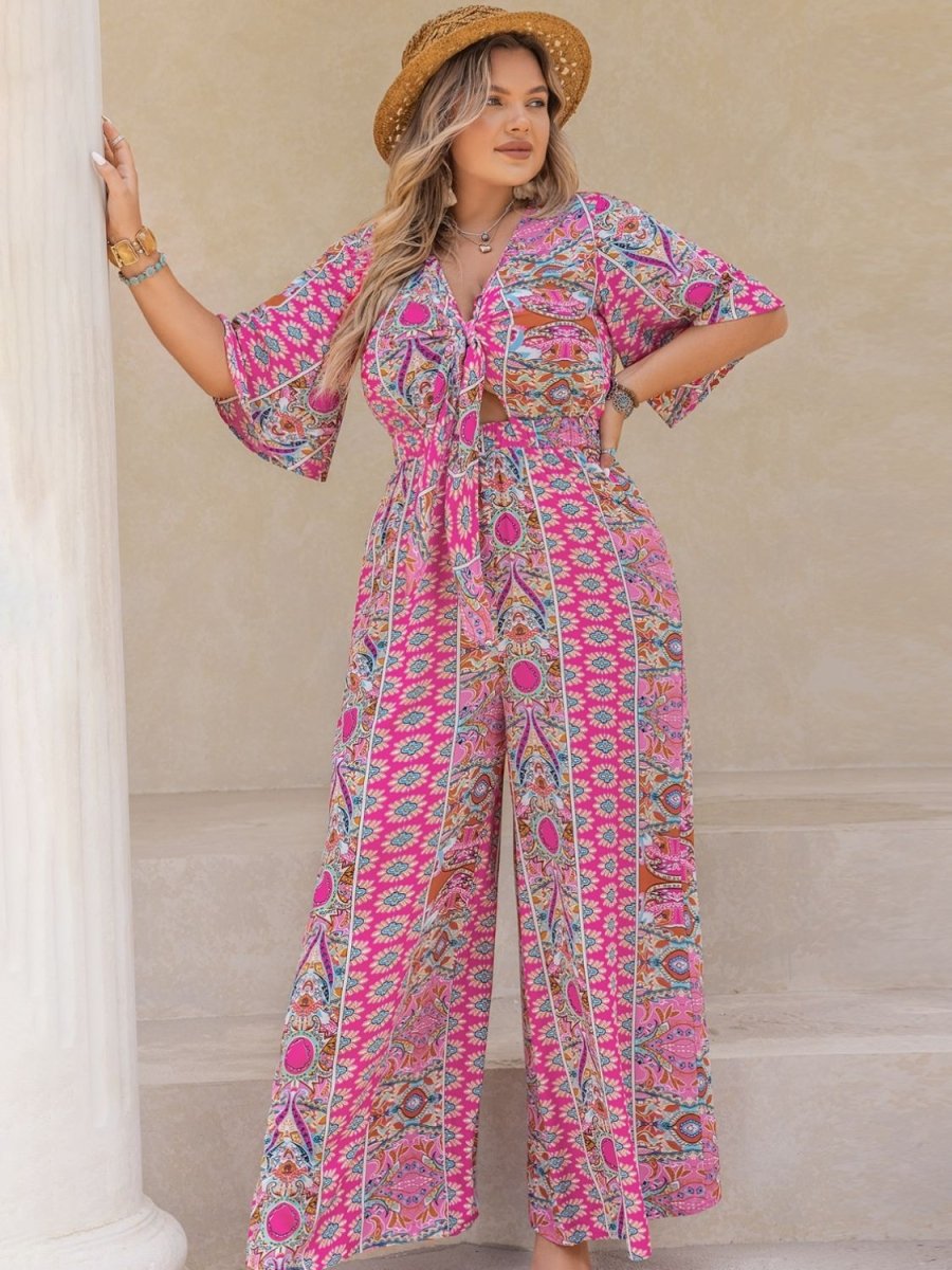 Plus Size Printed Half Sleeve Wide Leg Jumpsuit - Deb Shops
