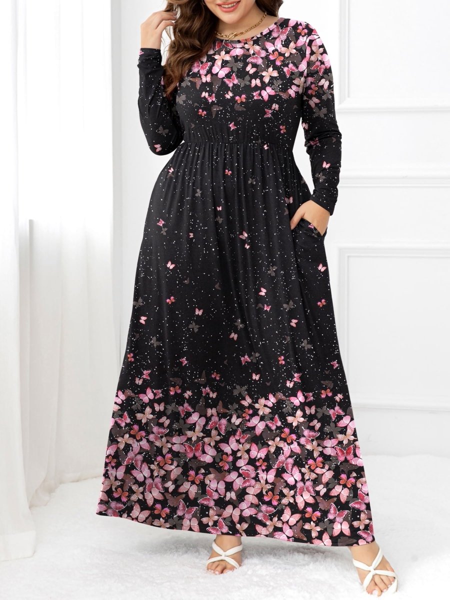 Plus Size Round Neck Maxi Dress with Pockets - Deb Shops