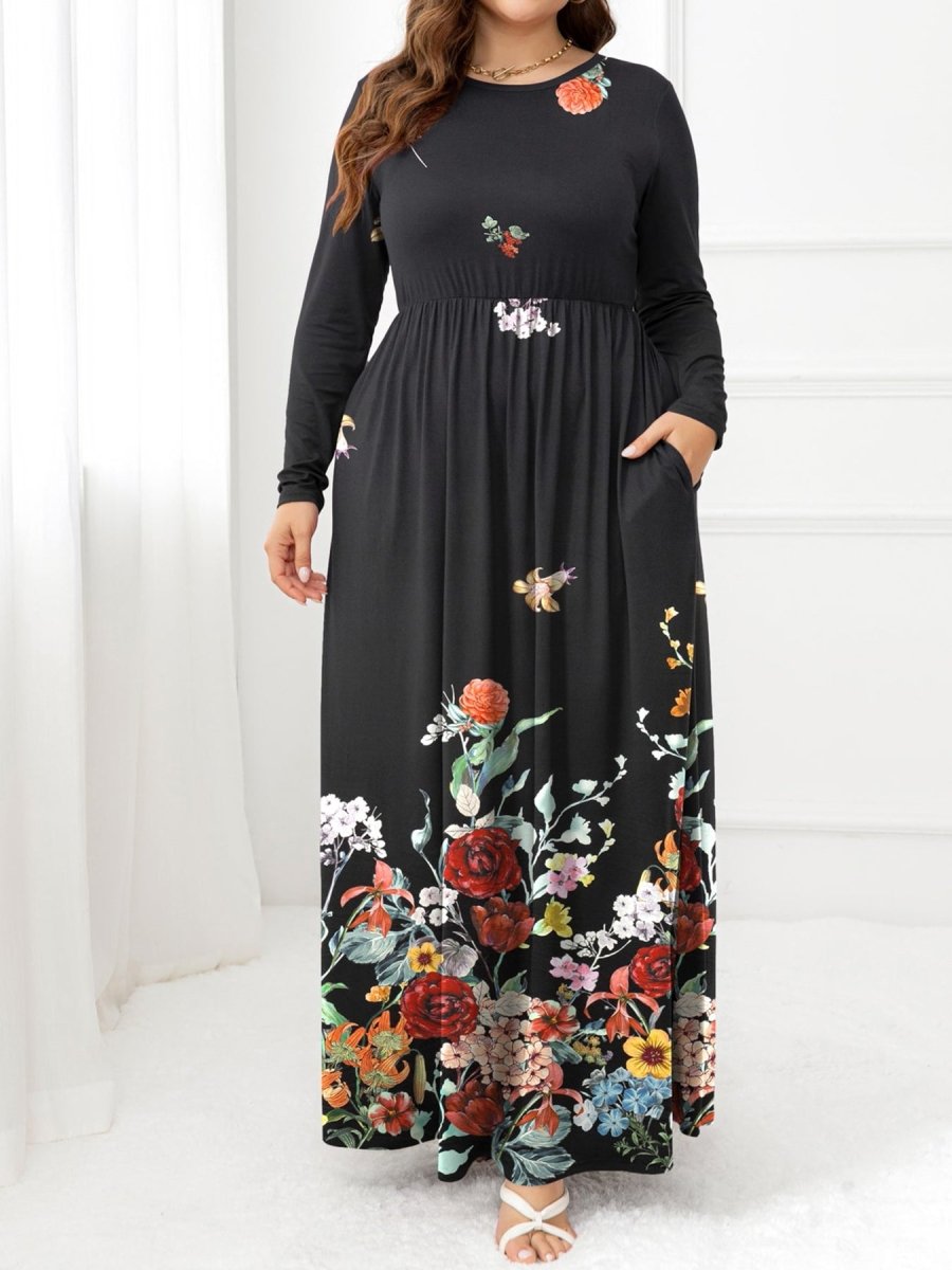 Plus Size Round Neck Maxi Dress with Pockets - Deb Shops