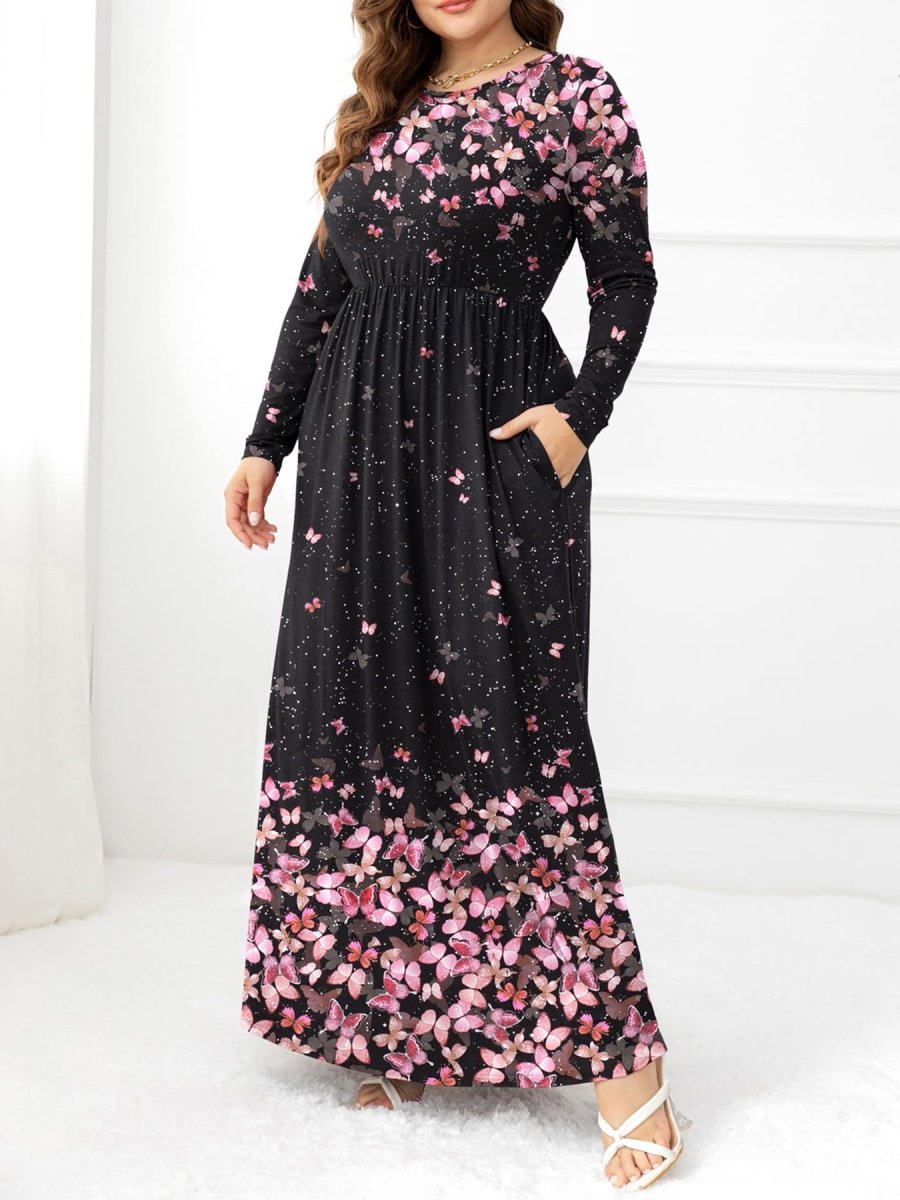Plus Size Round Neck Maxi Dress with Pockets - Deb Shops
