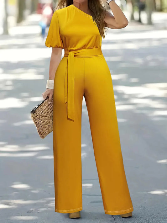 Plus Size Single Shoulder Tie Waist Jumpsuit - Deb Shops