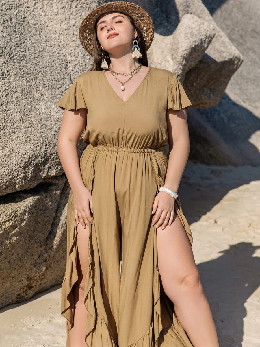 Plus Size Slit Ruffled V - Neck Jumpsuit - Deb Shops