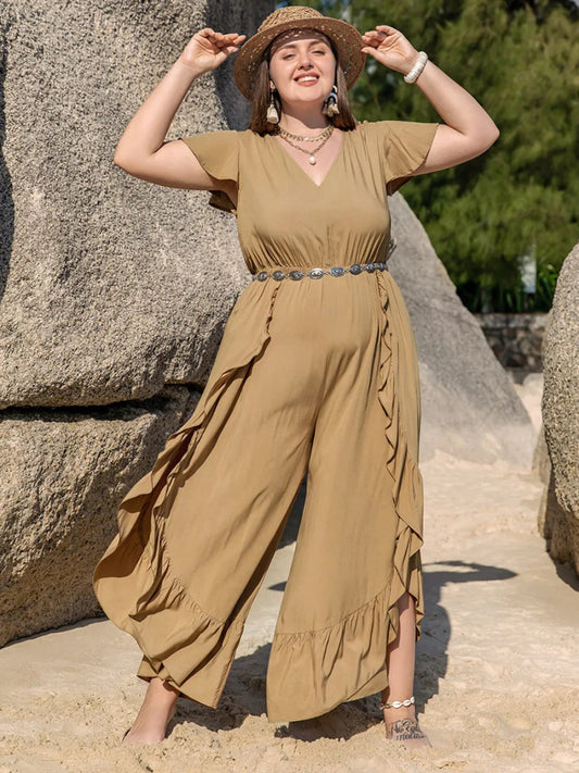 Plus Size Slit Ruffled V - Neck Jumpsuit - Deb Shops
