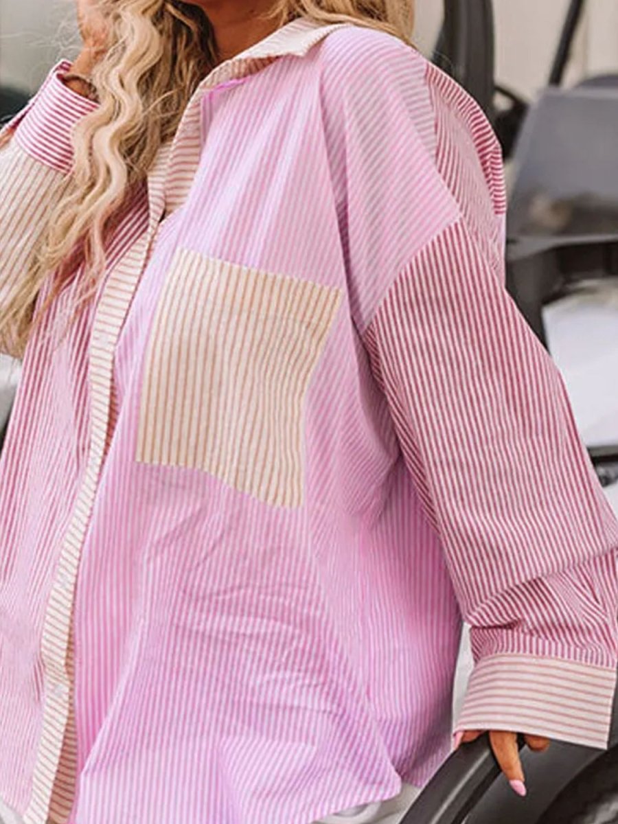 Plus Size Striped Collared Neck Long Sleeve Shirt - Deb Shops