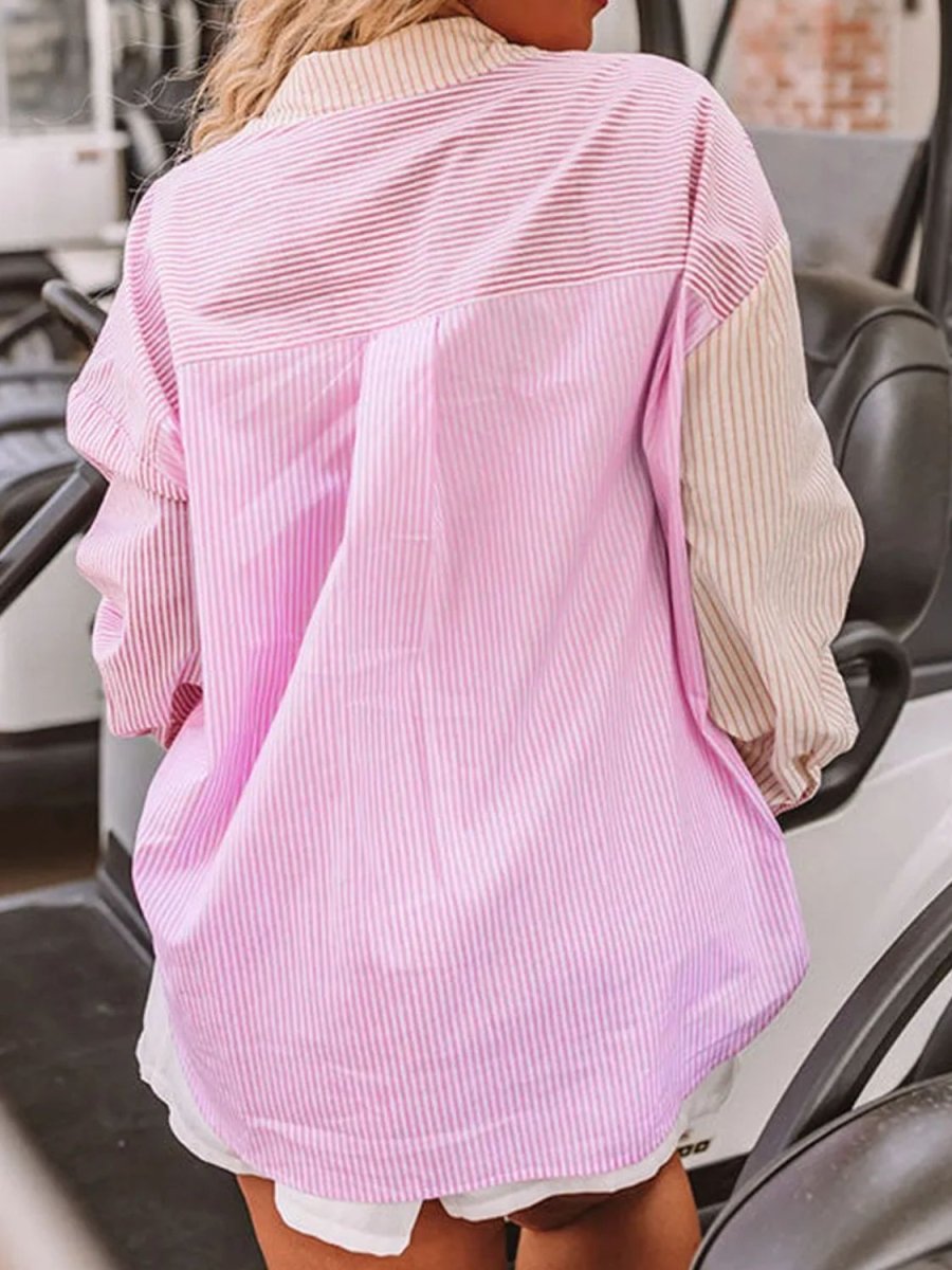 Plus Size Striped Collared Neck Long Sleeve Shirt - Deb Shops