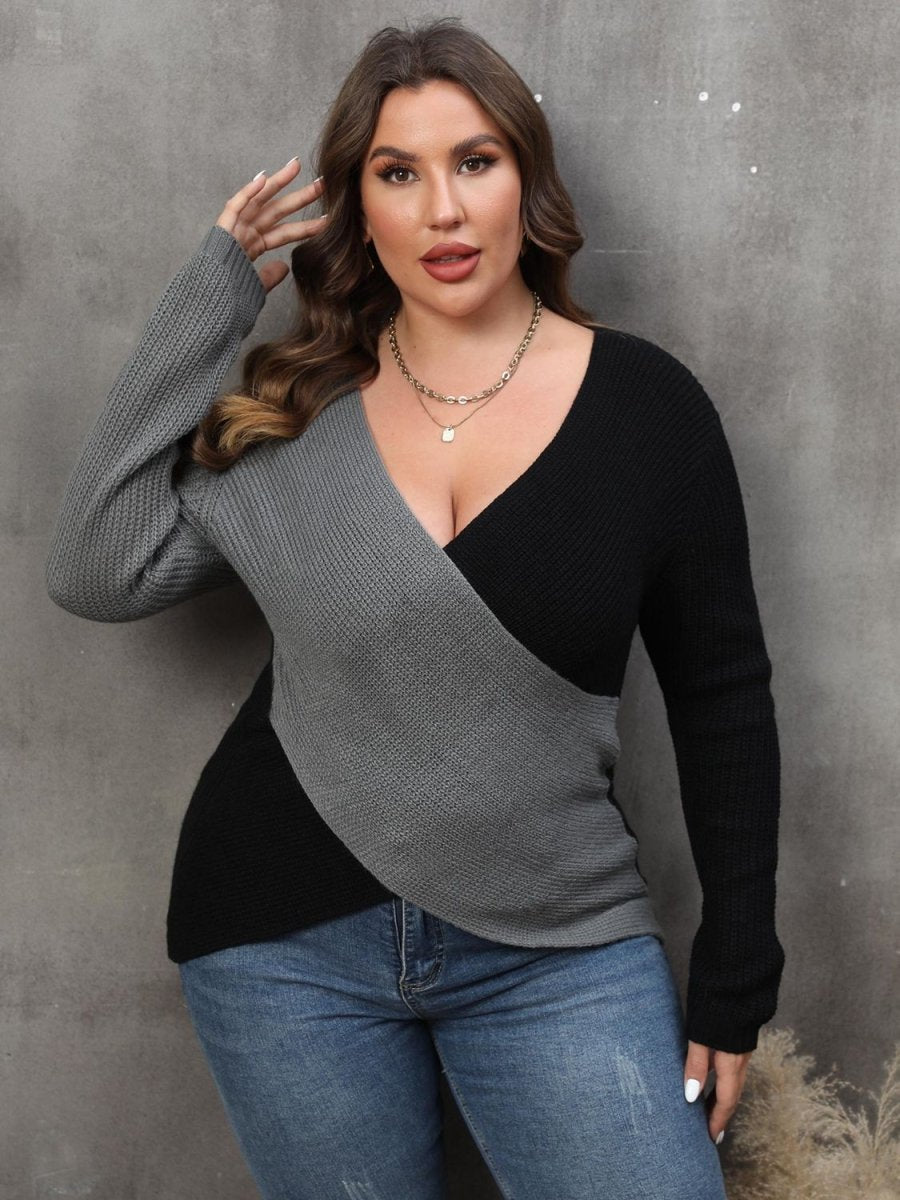 Plus Size Two - Tone Surplice Neck Sweater - Deb Shops