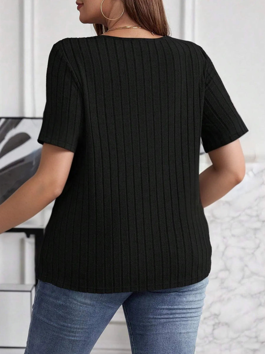 Plus Size V - Neck Short Sleeve Ribbed T-Shirt - Deb Shops