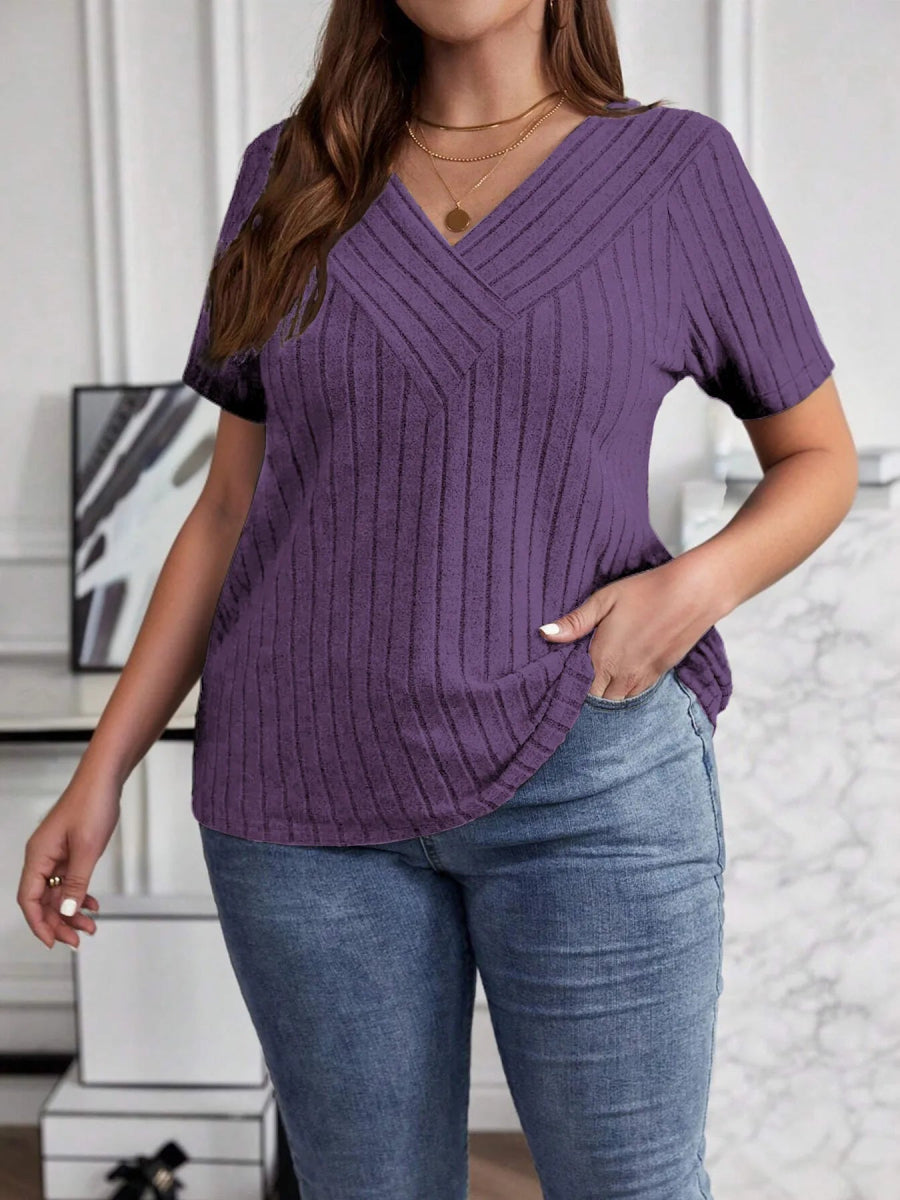 Plus Size V - Neck Short Sleeve Ribbed T-Shirt - Deb Shops