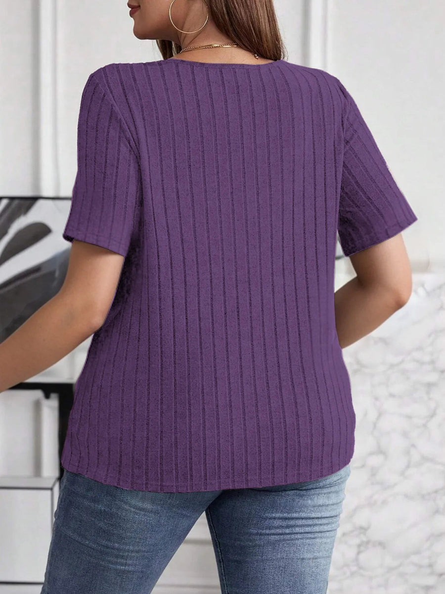 Plus Size V - Neck Short Sleeve Ribbed T-Shirt - Deb Shops