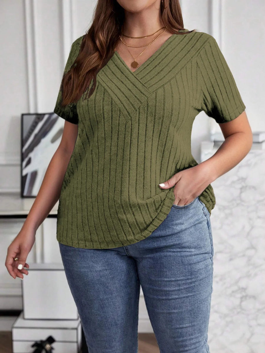 Plus Size V - Neck Short Sleeve Ribbed T-Shirt - Deb Shops