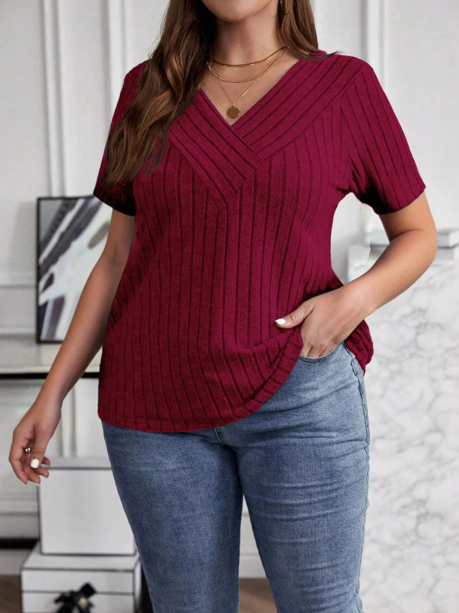 Plus Size V - Neck Short Sleeve Ribbed T-Shirt - Deb Shops