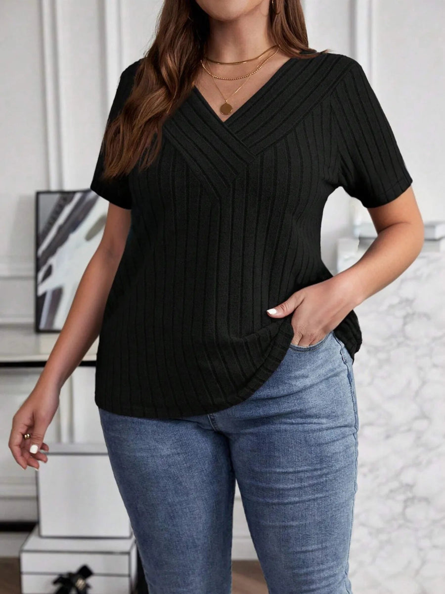 Plus Size V - Neck Short Sleeve Ribbed T-Shirt - Deb Shops