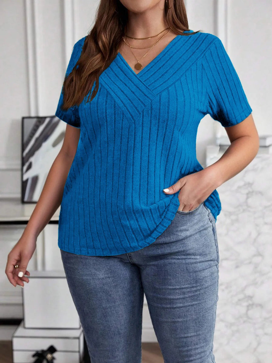 Plus Size V - Neck Short Sleeve Ribbed T-Shirt - Deb Shops