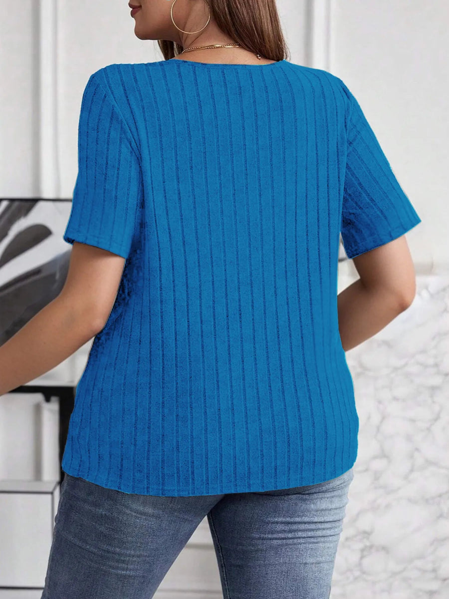 Plus Size V - Neck Short Sleeve Ribbed T-Shirt - Deb Shops
