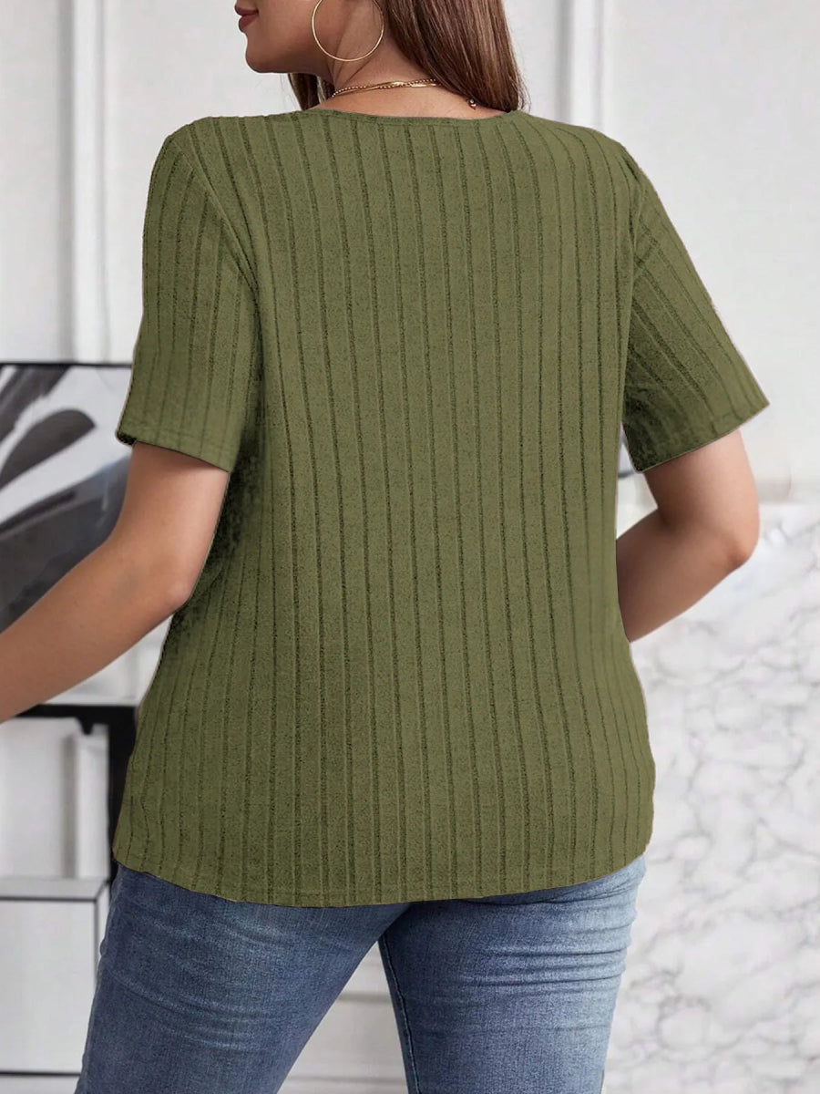 Plus Size V - Neck Short Sleeve Ribbed T-Shirt - Deb Shops