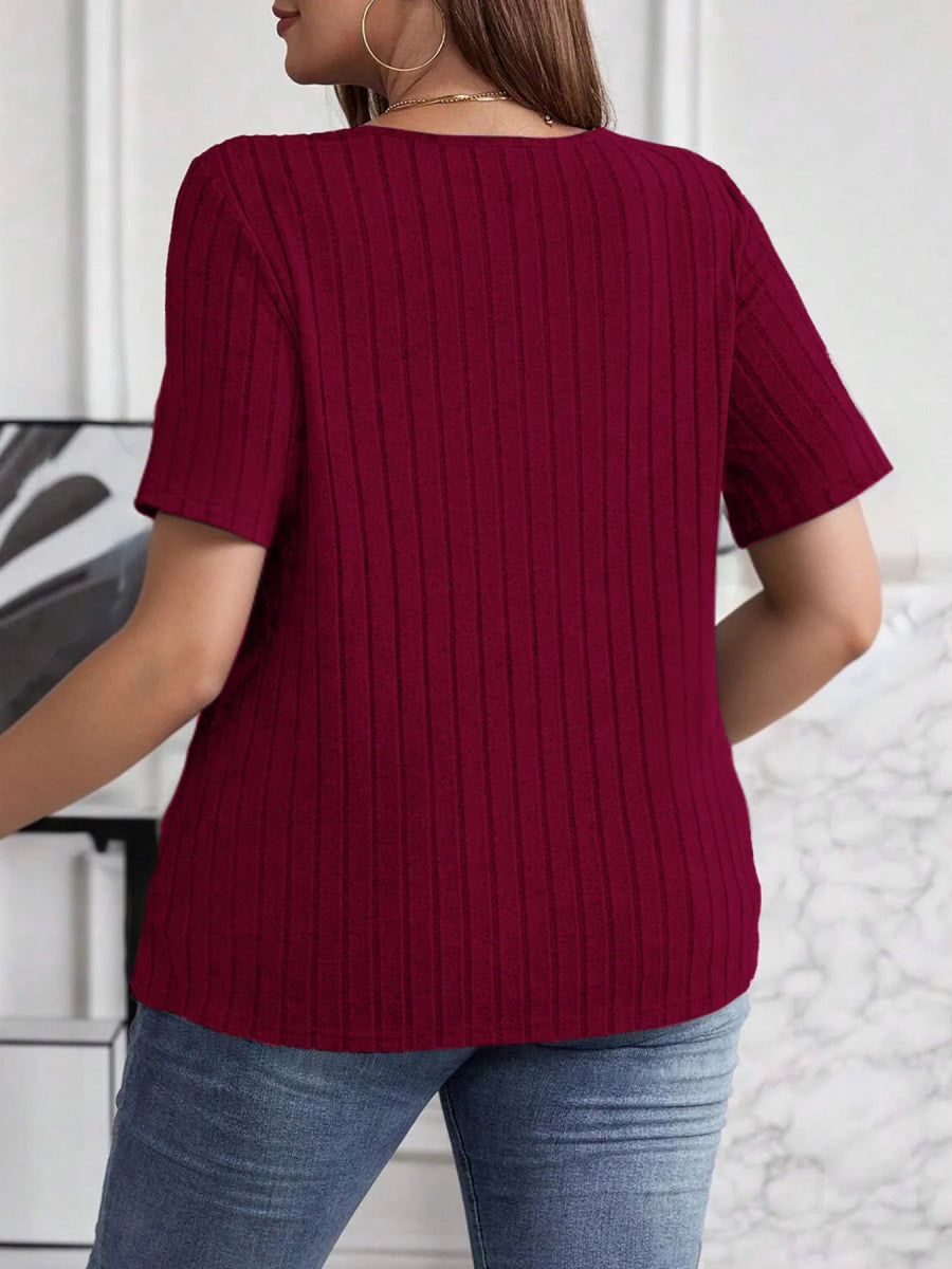 Plus Size V - Neck Short Sleeve Ribbed T-Shirt - Deb Shops