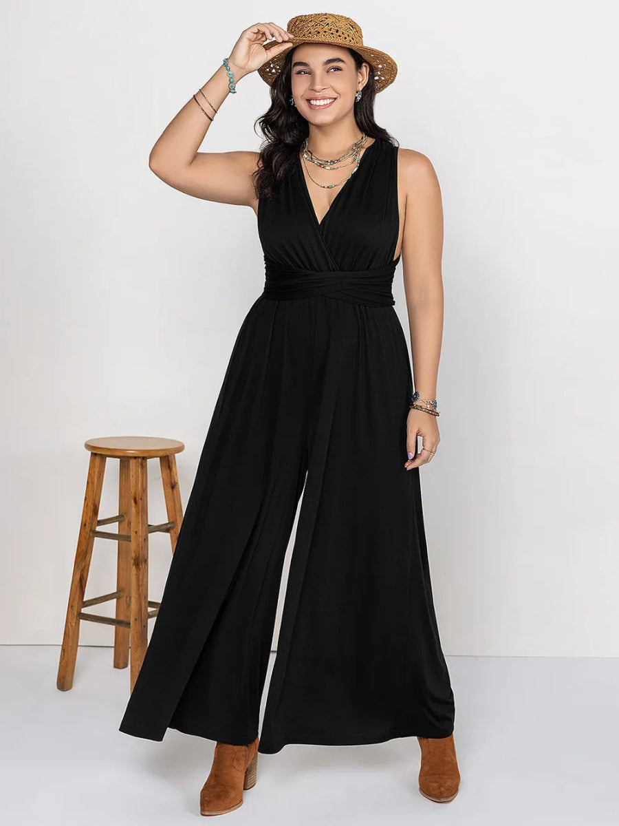 Plus Size V - Neck Wide Leg Jumpsuit - Deb Shops