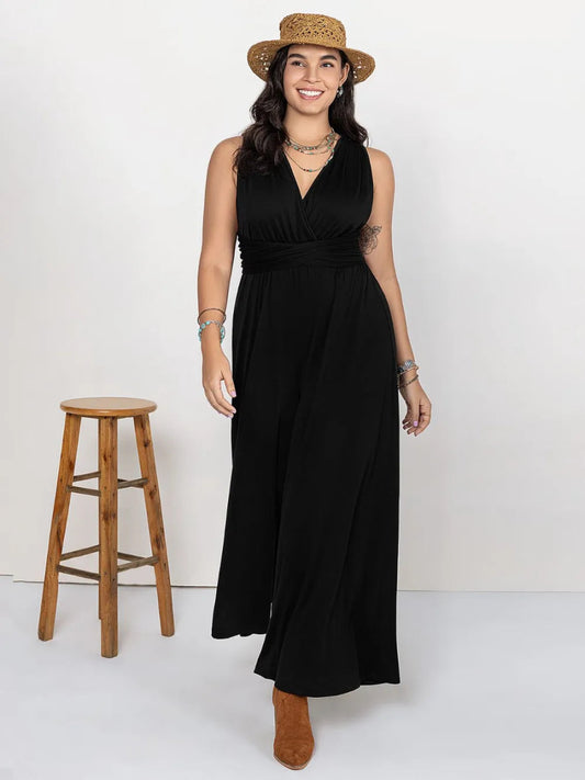 Plus Size V - Neck Wide Leg Jumpsuit - Deb Shops