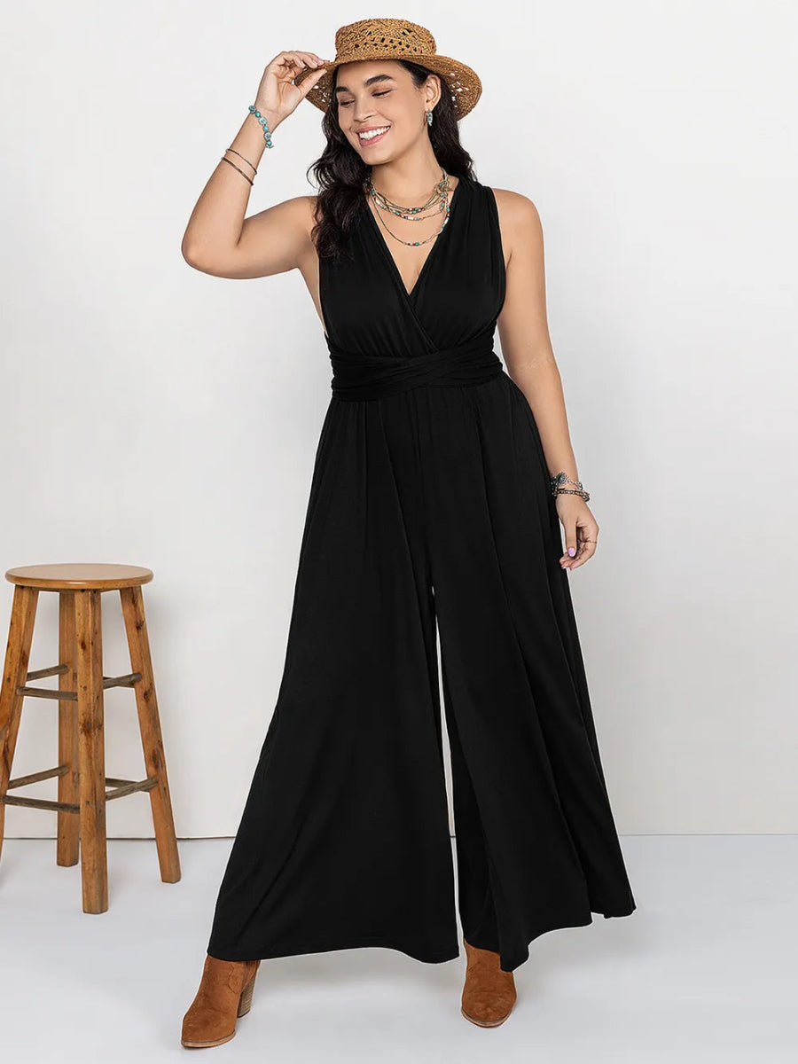 Plus Size V - Neck Wide Leg Jumpsuit - Deb Shops