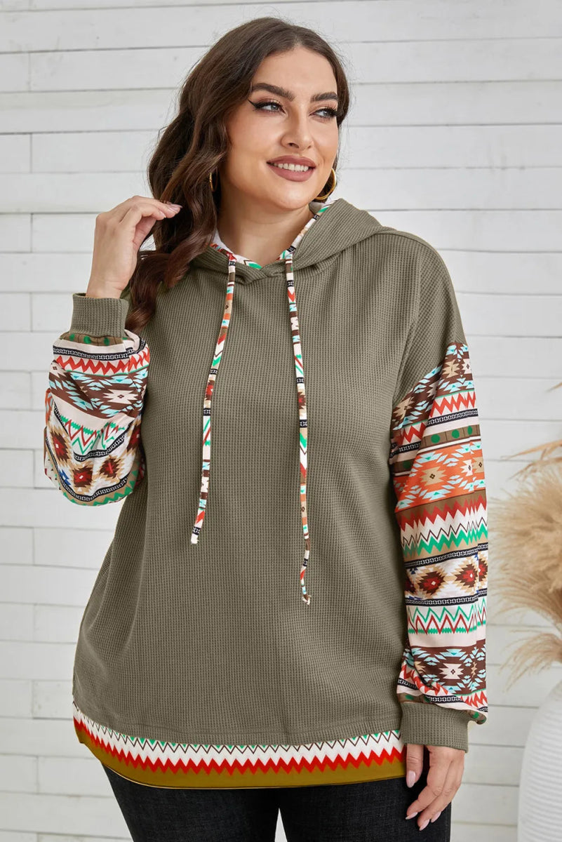 Waffle-Knit Geometric Dropped Shoulder Hoodie - Deb Shops