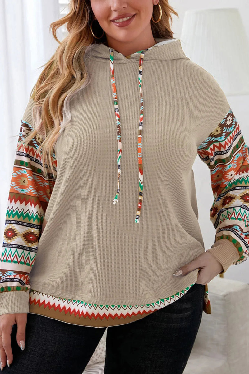 Waffle-Knit Geometric Dropped Shoulder Hoodie - Deb Shops