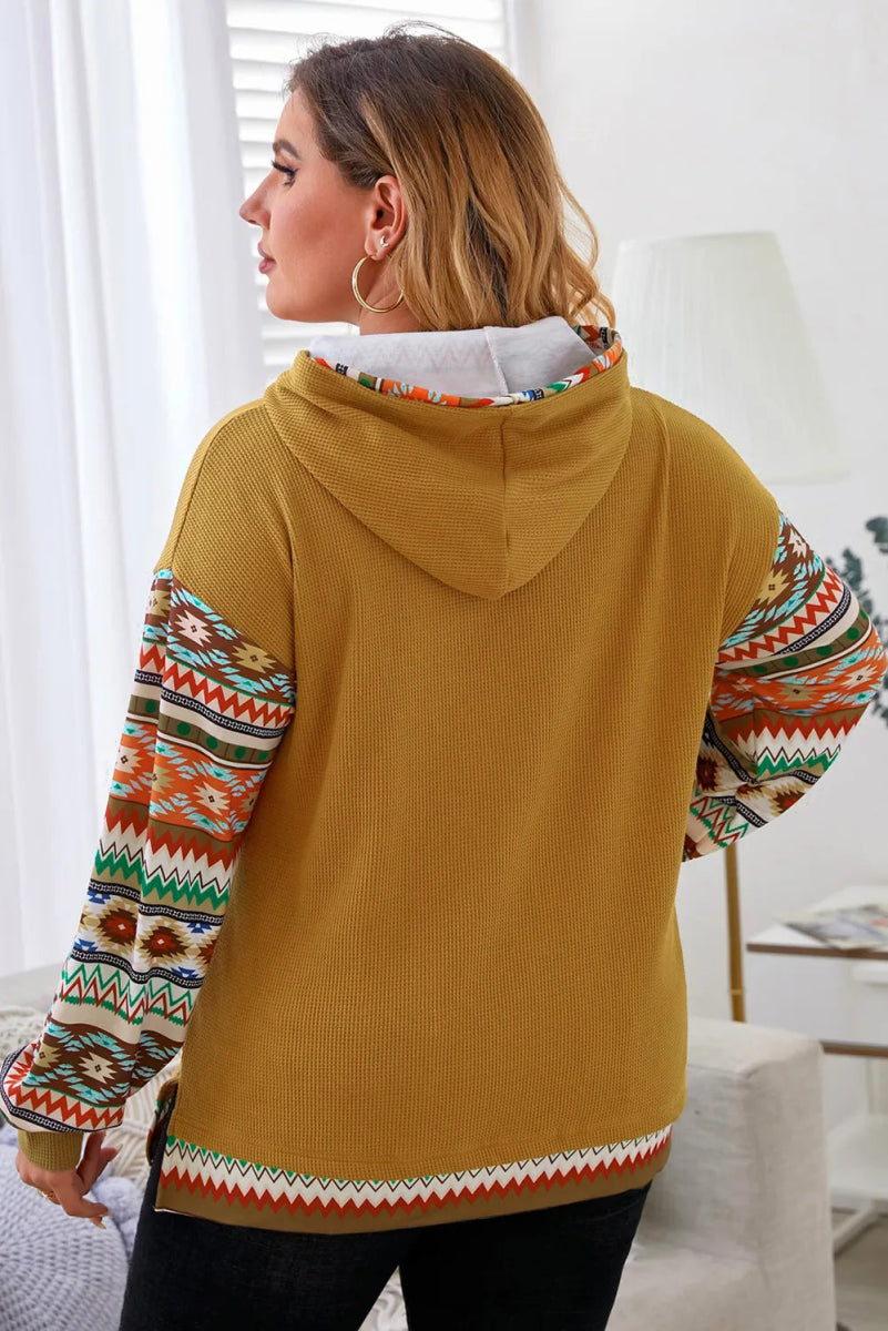 Waffle-Knit Geometric Dropped Shoulder Hoodie - Deb Shops