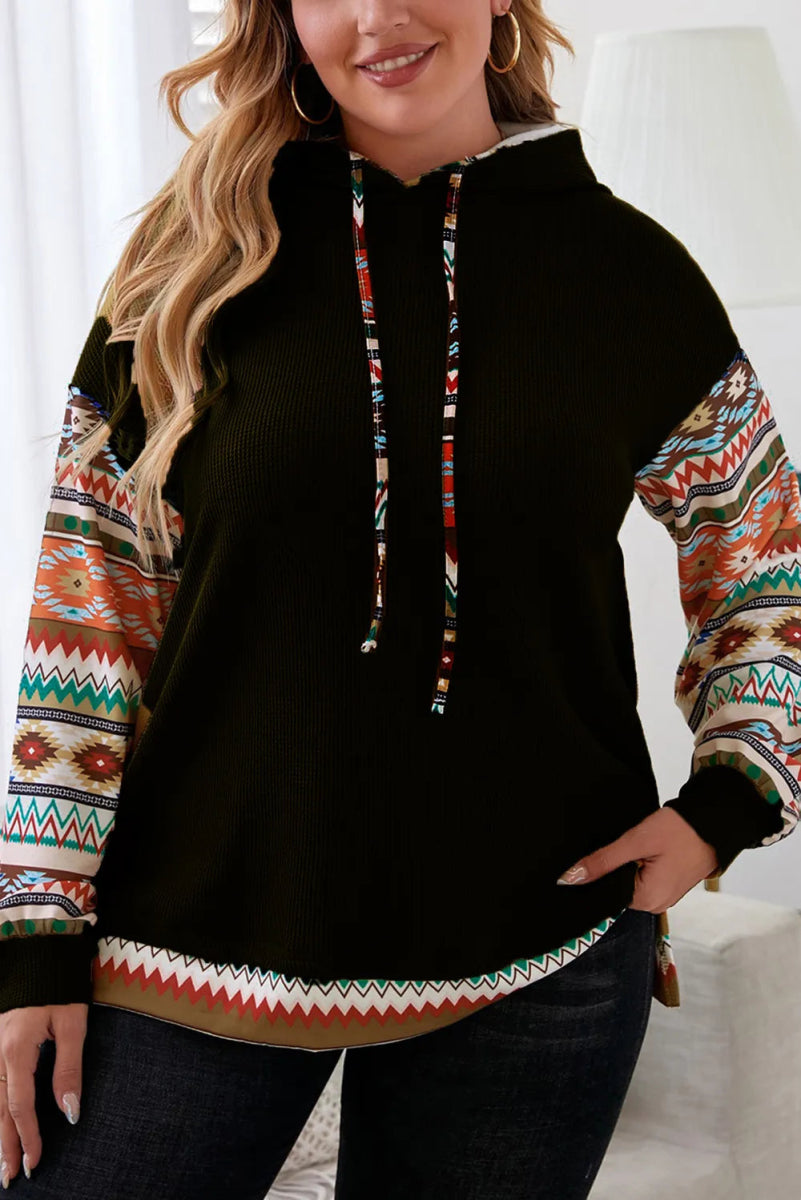 Waffle-Knit Geometric Dropped Shoulder Hoodie - Deb Shops